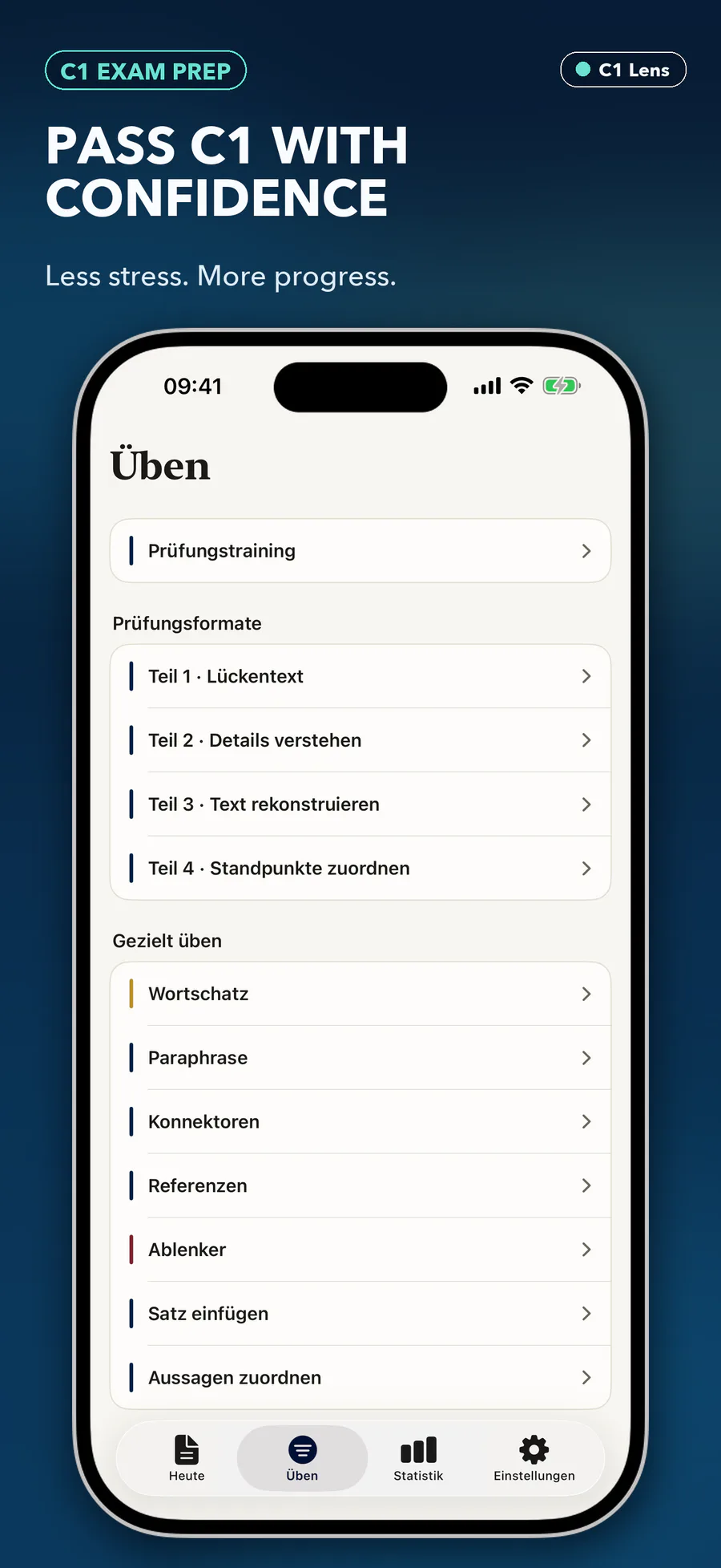 C1 Lens Üben-Ansicht mit täglichem Training und Prüfungsaufgaben