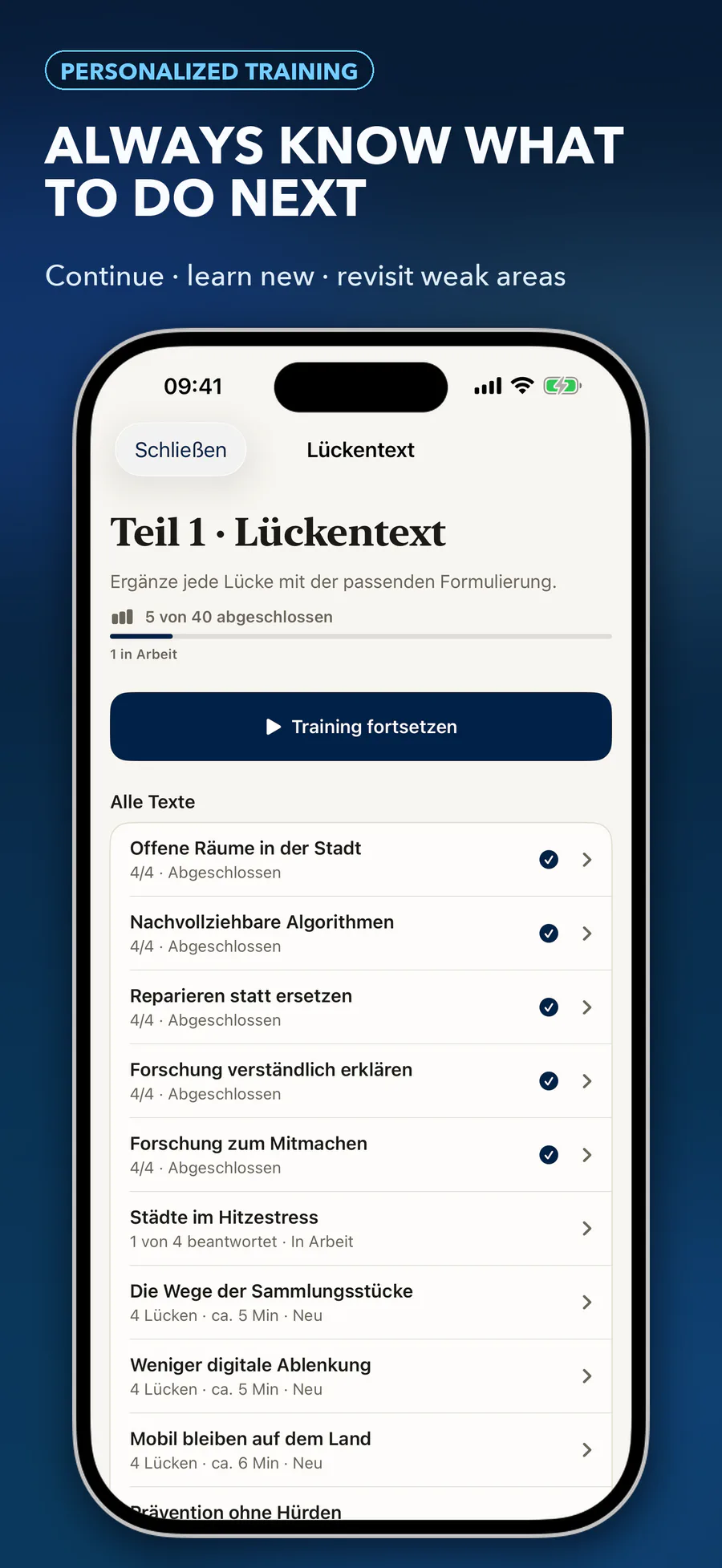 C1 Lens Prüfungskatalog mit Lernfortschritt und fortsetzbarer Aufgabe