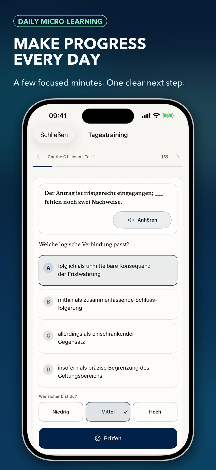 Kurze tägliche C1-Aufgabe in C1 Lens mit ausgewählter Antwort